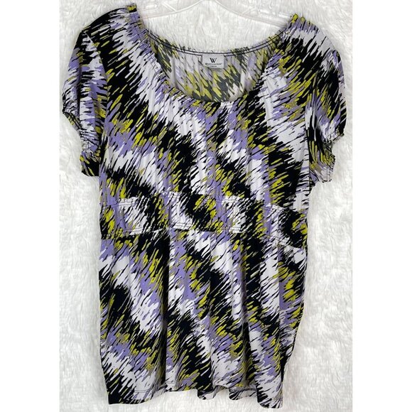 Worthington Womens Large Purple Black Yellow White ZigZag Elastic Short Sleeve - Picture 3 of 6
